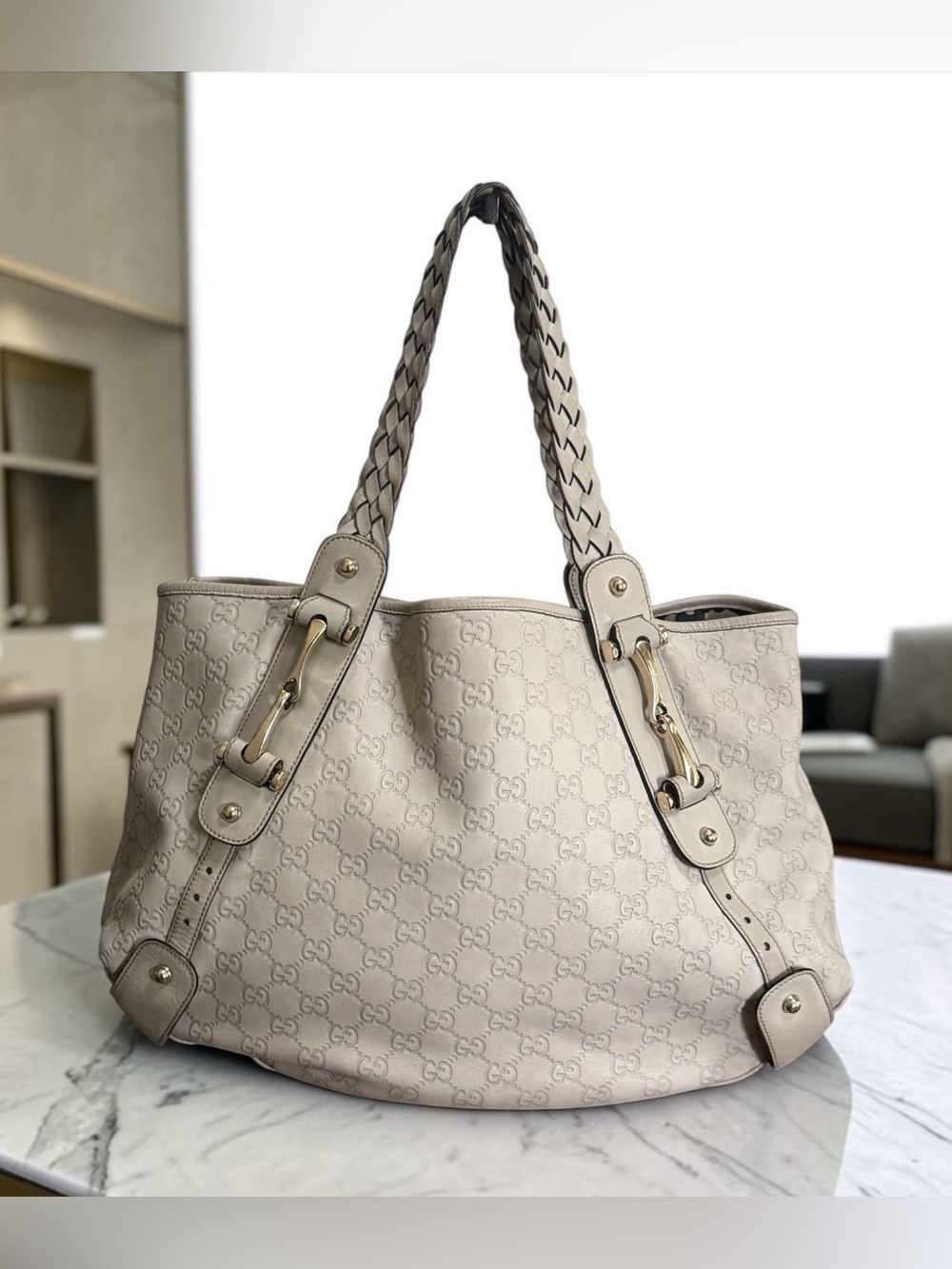 Gucci Guccissima Horsebit Cream GG Leather Shoulder Hobo Bag with Braided Straps